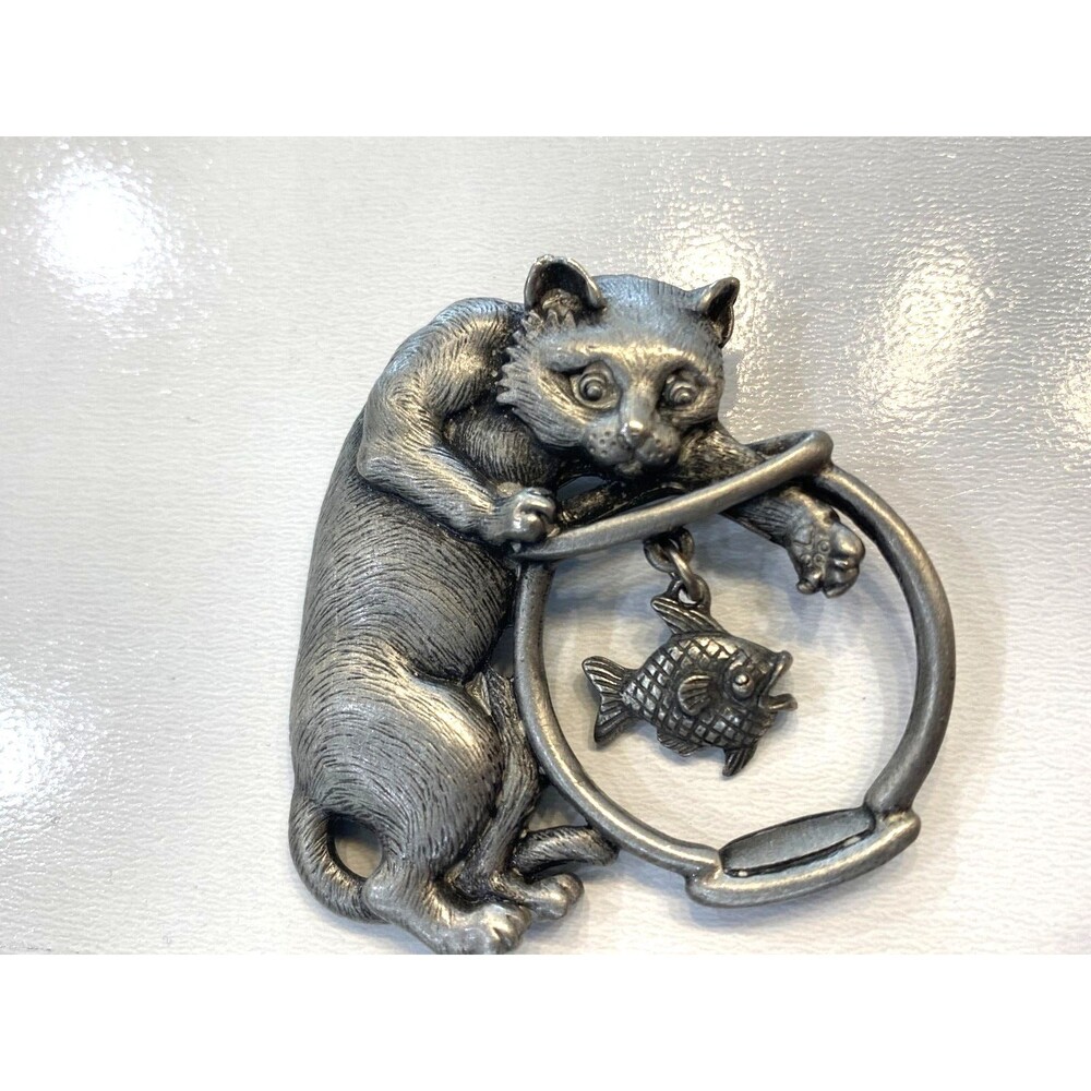 Vintage Signed JJ Jonette Pin Brooch Pewter Cat with Fish Bowl
